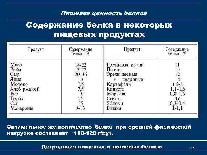 Пищевая ценность белков Содержание белка в некоторых пищевых продуктах Оптимальное же количество белка при