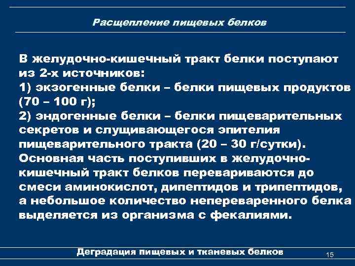 Расщепление пищевых белков В желудочно-кишечный тракт белки поступают из 2 -х источников: 1) экзогенные