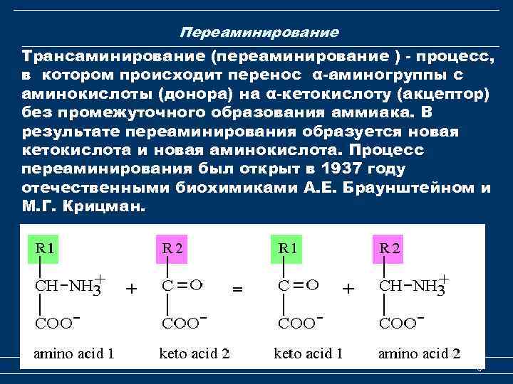 Переаминирование Трансаминирование (переаминирование ) - процесс, в котором происходит перенос α-аминогруппы с аминокислоты (донора)