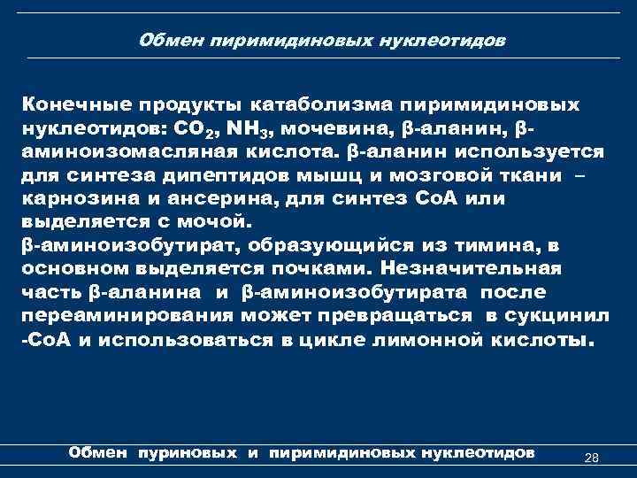 Обмен пиримидиновых нуклеотидов Конечные продукты катаболизма пиримидиновых нуклеотидов: СО 2, NН 3, мочевина, β-аланин,