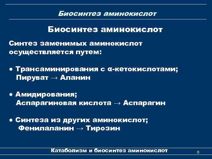 Биосинтез аминокислот Синтез заменимых аминокислот осуществляется путем: ● Трансаминирования с α-кетокислотами; Пируват → Аланин