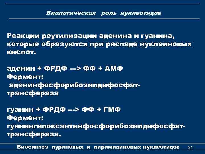 Биологическая роль нуклеотидов Реакции реутилизации аденина и гуанина, которые образуются при распаде нуклеиновых кислот.