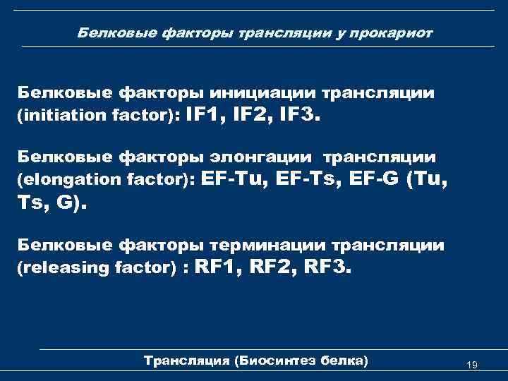 Белковые факторы трансляции у прокариот Белковые факторы инициации трансляции (initiation factor): IF 1, IF