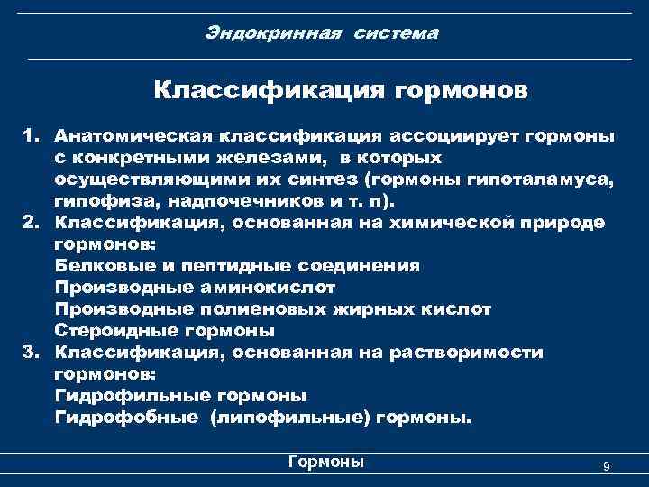 Эндокринная система Классификация гормонов 1. Анатомическая классификация ассоциирует гормоны с конкретными железами, в которых