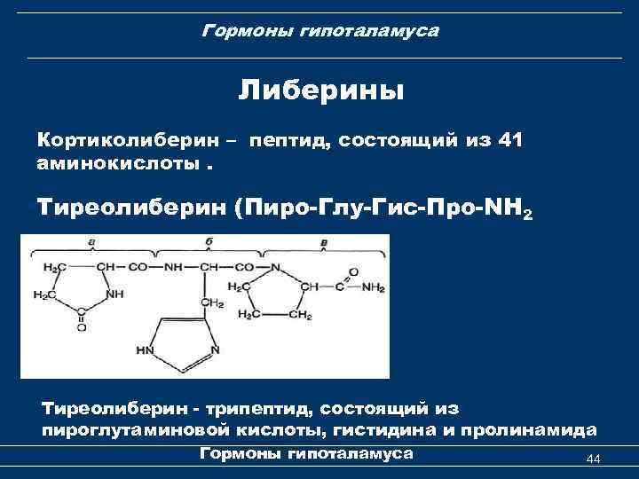 Гормоны гипоталамуса Либерины Кортиколиберин – пептид, состоящий из 41 аминокислоты. Тиреолиберин (Пиро-Глу-Гис-Про-NH 2 (Пиро-Глу-Гис-Про-