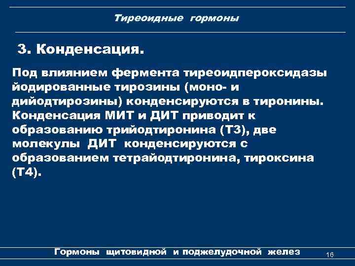 Тиреоидные гормоны 3. Конденсация. Под влиянием фермента тиреоидпероксидазы йодированные тирозины (моно- и дийодтирозины) конденсируются