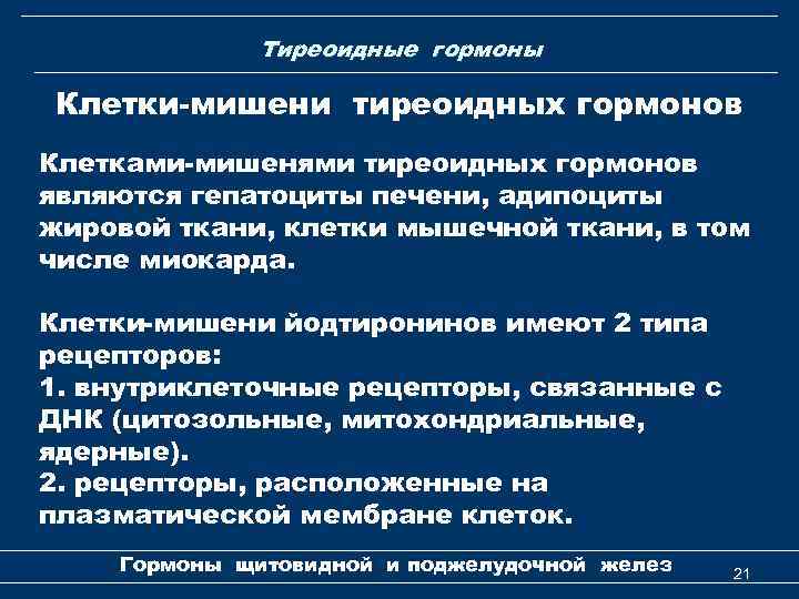 Тиреоидные гормоны Клетки-мишени тиреоидных гормонов Клетками-мишенями тиреоидных гормонов являются гепатоциты печени, адипоциты жировой ткани,