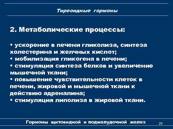 Тиреоидные гормоны 2. Метаболические процессы: • ускорение в печени гликолиза, синтеза холестерина и желчных