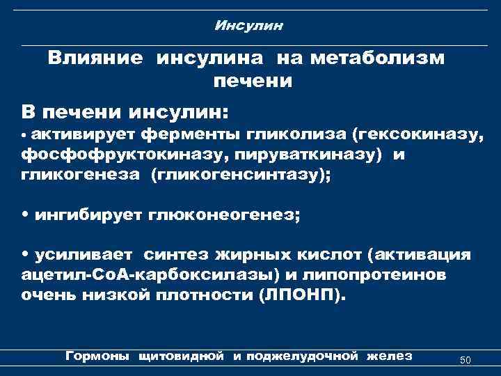 Инсулин Влияние инсулина на метаболизм печени В печени инсулин: • активирует ферменты гликолиза (гексокиназу,