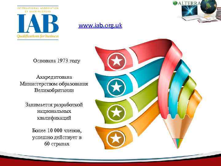www. iab. org. uk Основана 1973 году Аккредитована Министерством образования Великобритании Занимается разработкой национальных