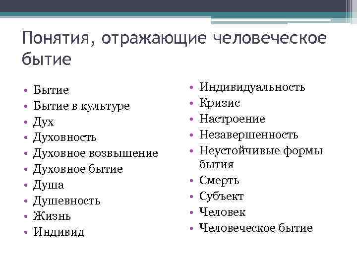 Понятия, отражающие человеческое бытие • • • Бытие в культуре Духовность Духовное возвышение Духовное