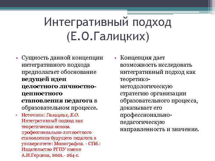 Интегративный подход (Е. О. Галицких) • Сущность данной концепции интегративного подхода предполагает обоснование ведущей