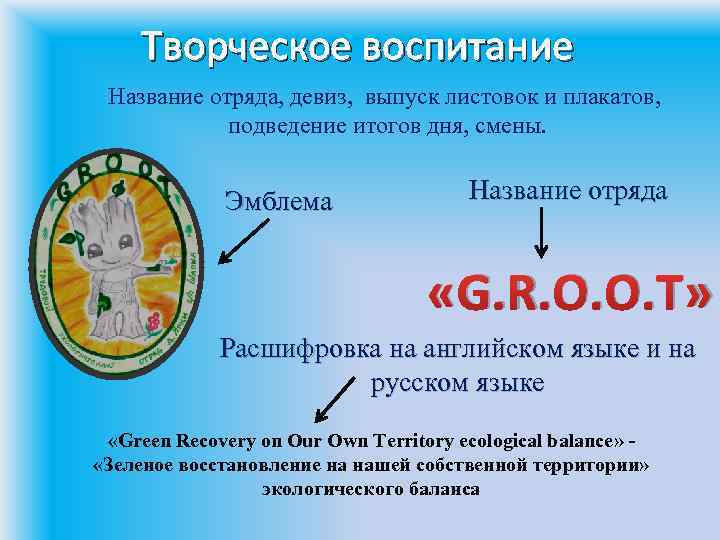 Творческое воспитание Название отряда, девиз, выпуск листовок и плакатов, подведение итогов дня, смены. Эмблема