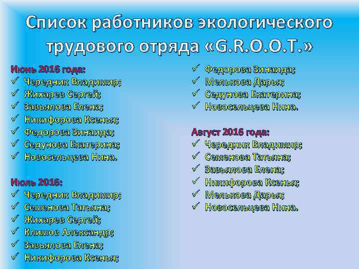 Список работников экологического трудового отряда «G. R. O. O. T. » Июнь 2016 года: