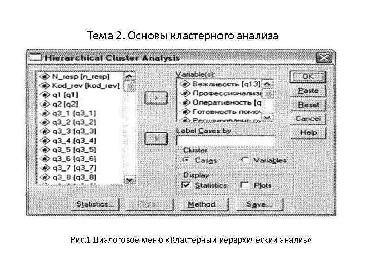 Тема 2. Основы кластерного анализа Рис. 1 Диалоговое меню «Кластерный иерархический анализ» 