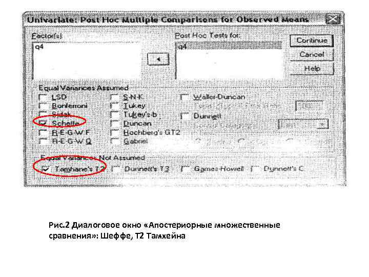 Рис. 2 Диалоговое окно «Апостериорные множественные сравнения» : Шеффе, Т 2 Тамхейна 