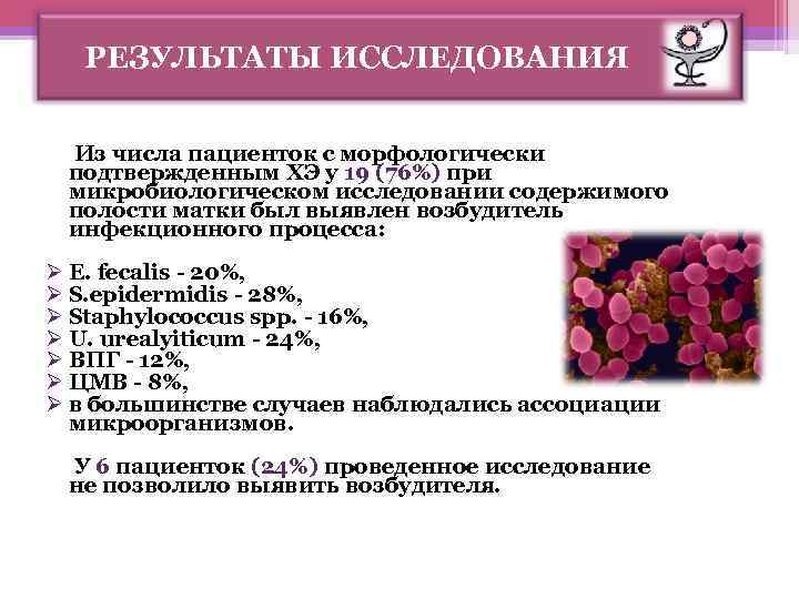 РЕЗУЛЬТАТЫ ИССЛЕДОВАНИЯ Из числа пациенток с морфологически подтвержденным ХЭ у 19 (76%) при микробиологическом