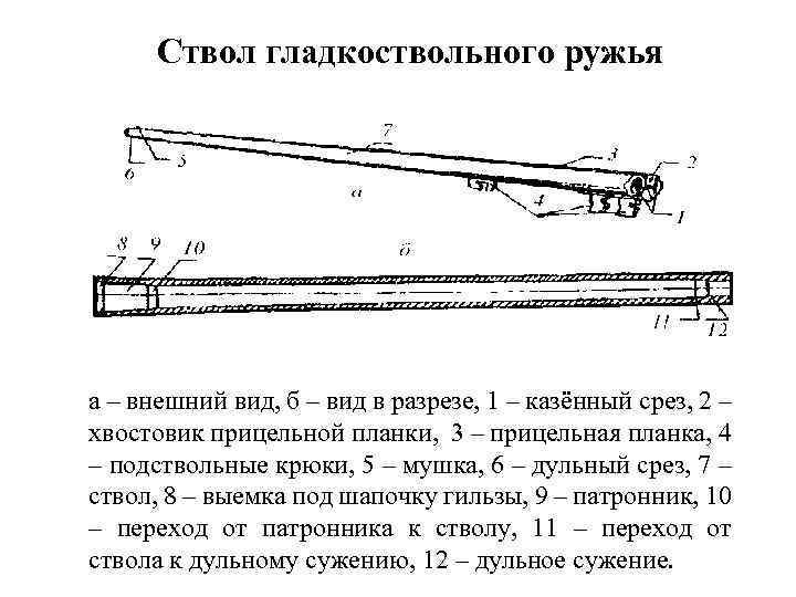 Ствол гладкоствольного ружья а – внешний вид, б – вид в разрезе, 1 –