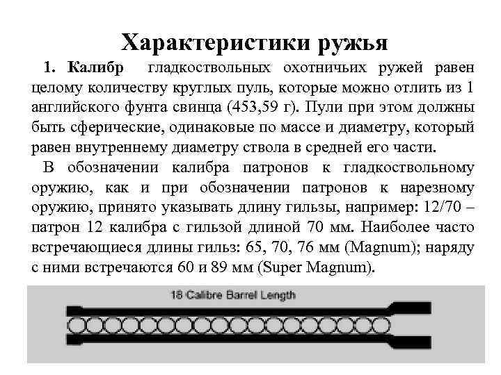 Характеристики ружья 1. Калибр гладкоствольных охотничьих ружей равен целому количеству круглых пуль, которые можно