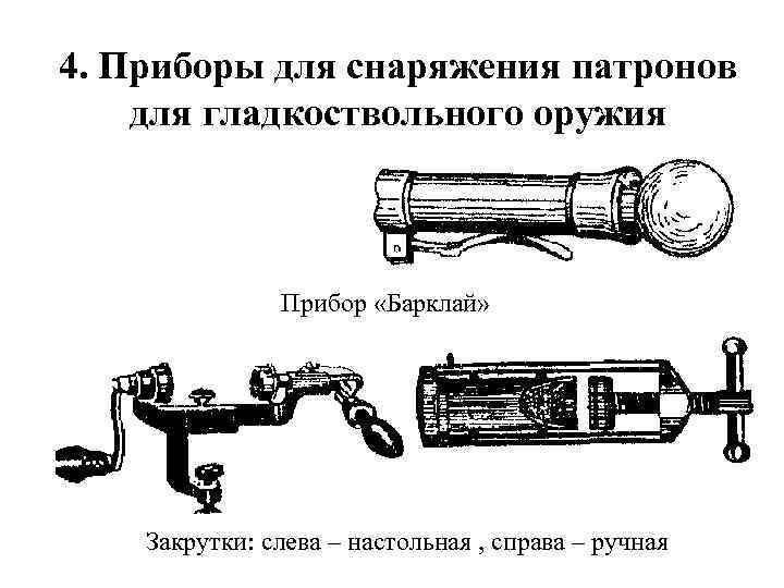 4. Приборы для снаряжения патронов для гладкоствольного оружия Прибор «Барклай» Закрутки: слева – настольная