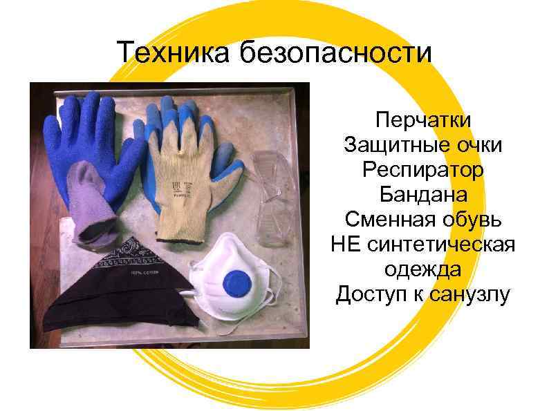 Техника безопасности Перчатки Защитные очки Респиратор Бандана Сменная обувь НЕ синтетическая одежда Доступ к