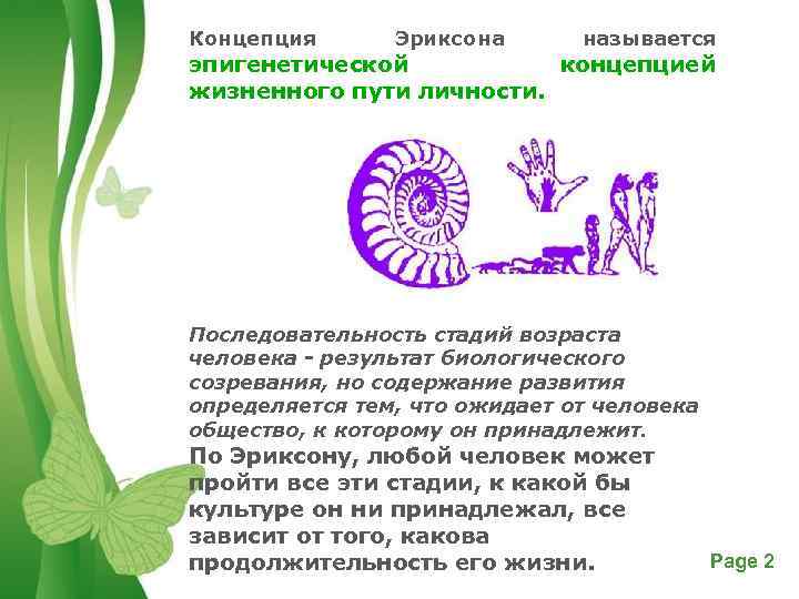 Концепция Эриксона называется эпигенетической концепцией жизненного пути личности. Последовательность стадий возраста человека - результат