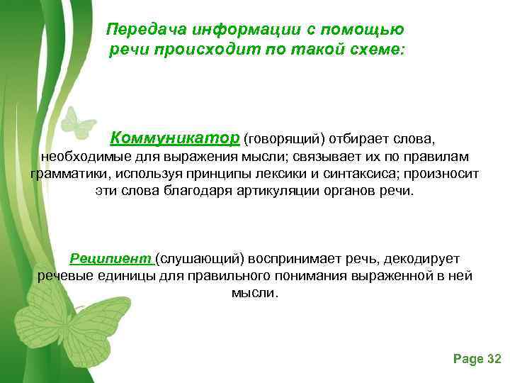 Передача информации с помощью речи происходит по такой схеме: Коммуникатор (говорящий) отбирает слова, необходимые