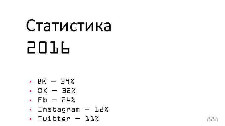 Статистика 2016 § § § ВК — 39% ОK — 32% Fb — 24%