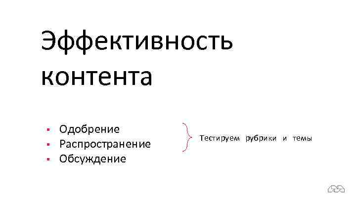 Эффективность контента § § § Одобрение Распространение Обсуждение Тестируем рубрики и темы 