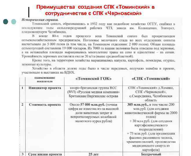 Преимущества создания СПК «Томинский» в сотрудничестве с СПК «Черновской» 