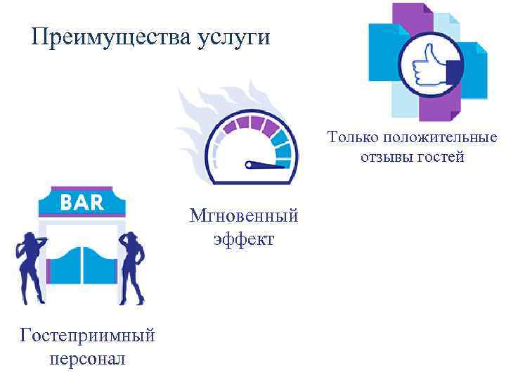 Преимущества услуги Только положительные отзывы гостей Мгновенный эффект Гостеприимный персонал 