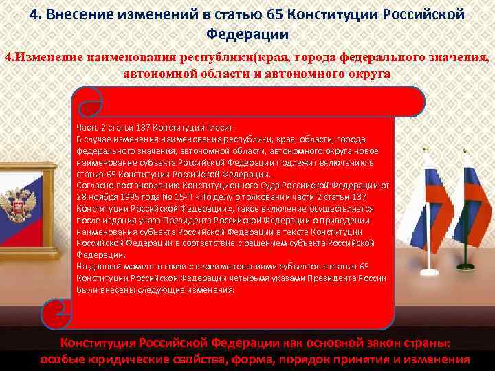 4. Внесение изменений в статью 65 Конституции Российской Федерации 4. Изменение наименования республики(края, города