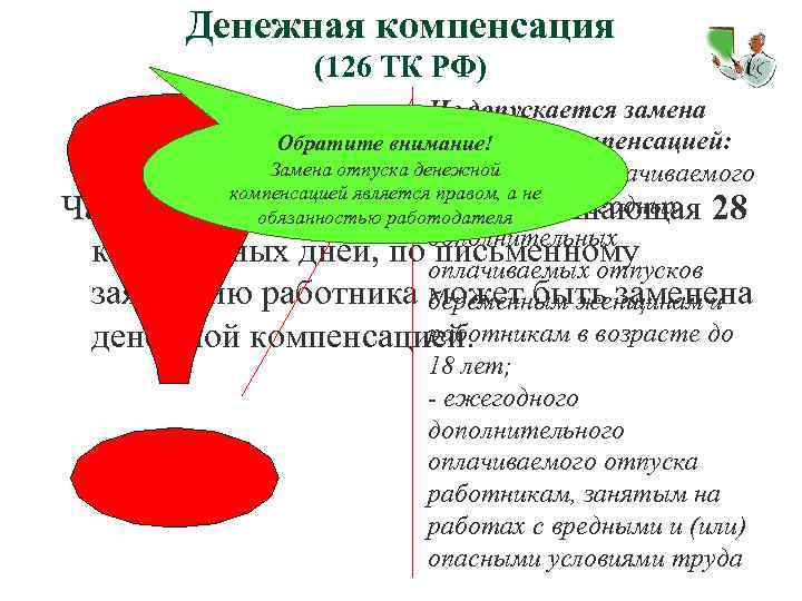 Денежная компенсация (126 ТК РФ) Не допускается замена денежной компенсацией: Обратите внимание! Замена отпуска
