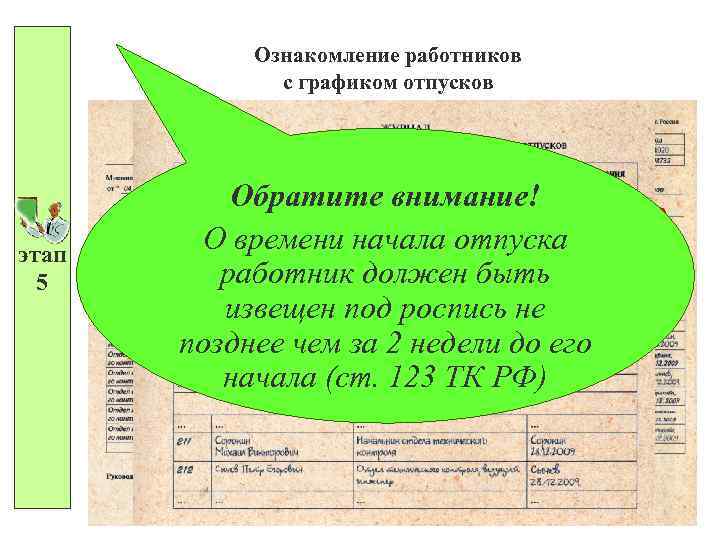 Ознакомление работников с графиком отпусков Вариант 1. Дополнение унифицированной формы №Т-7 графой 11 этап