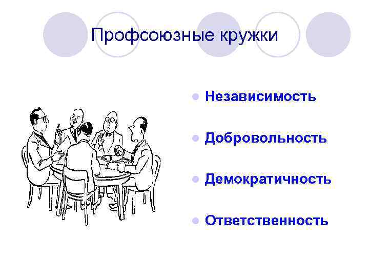 Профсоюзные кружки l Независимость l Добровольность l Демократичность l Ответственность 