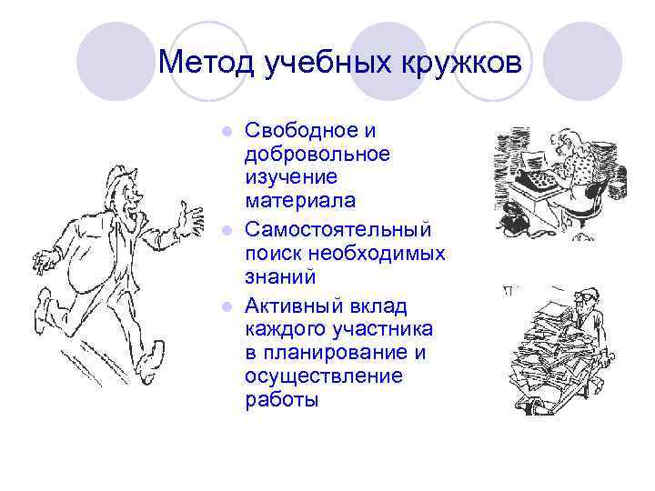 Метод учебных кружков Свободное и добровольное изучение материала l Самостоятельный поиск необходимых знаний l