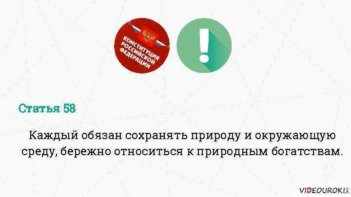 Статья 58 Каждый обязан сохранять природу и окружающую среду, бережно относиться к природным богатствам.