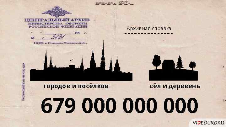 Архивная справка 1 710 городов и посёлков 70 000 сёл и деревень 679 000