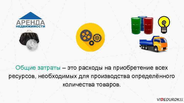 Общие затраты – это расходы на приобретение всех ресурсов, необходимых для производства определённого количества