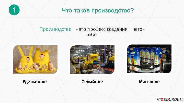 1 Что такое производство? Производство – это процесс создания либо. Единичное Серийное чего -