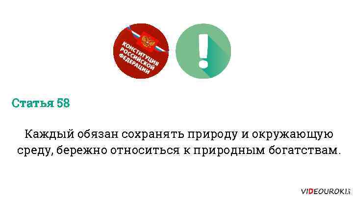 Статья 58 Каждый обязан сохранять природу и окружающую среду, бережно относиться к природным богатствам.