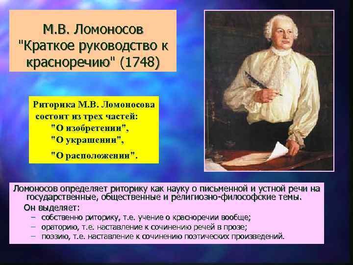 М. В. Ломоносов "Краткое руководство к красноречию" (1748) Риторика М. В. Ломоносова состоит из