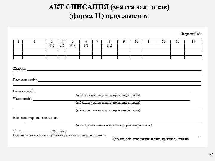 АКТ СПИСАННЯ (зняття залишків) (форма 11) продовження 39 