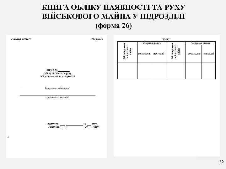КНИГА ОБЛІКУ НАЯВНОСТІ ТА РУХУ ВІЙСЬКОВОГО МАЙНА У ПІДРОЗДІЛІ (форма 26) 50 