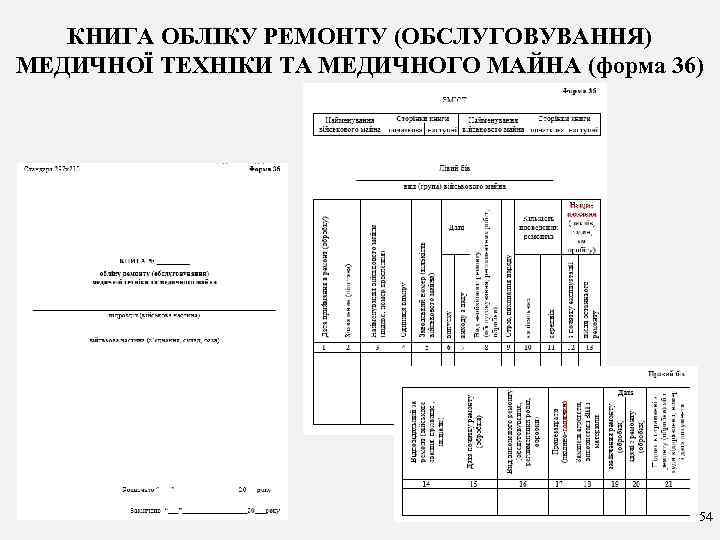 КНИГА ОБЛІКУ РЕМОНТУ (ОБСЛУГОВУВАННЯ) МЕДИЧНОЇ ТЕХНІКИ ТА МЕДИЧНОГО МАЙНА (форма 36) 54 