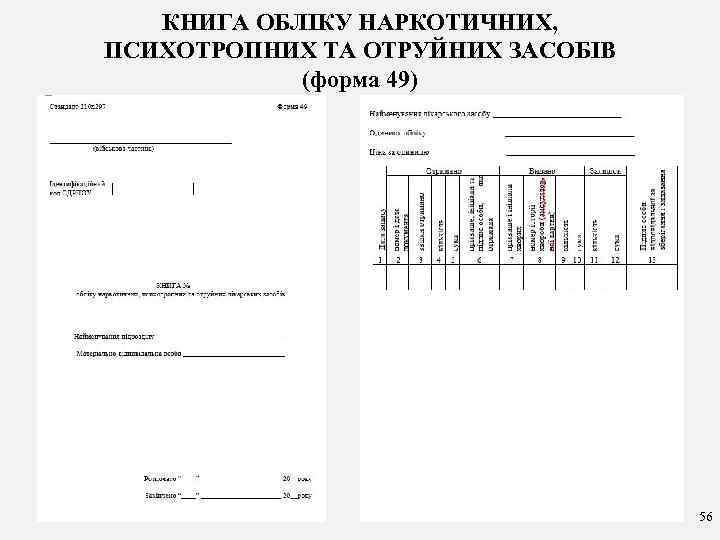 КНИГА ОБЛІКУ НАРКОТИЧНИХ, ПСИХОТРОПНИХ ТА ОТРУЙНИХ ЗАСОБІВ (форма 49) 56 