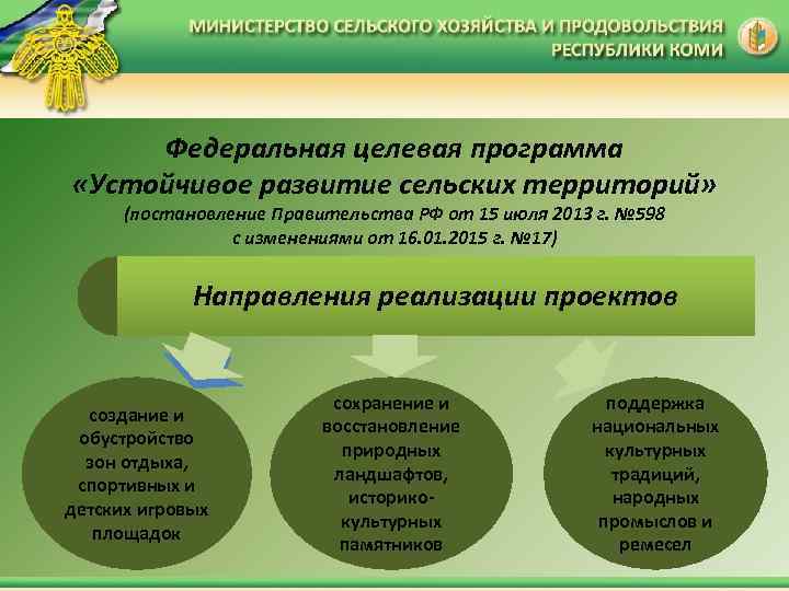 Федеральная целевая программа «Устойчивое развитие сельских территорий» (постановление Правительства РФ от 15 июля 2013