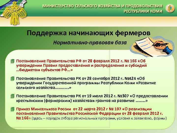 Поддержка начинающих фермеров Нормативно-правовая база 4 Постановление Правительства РФ от 28 февраля 2012 г.