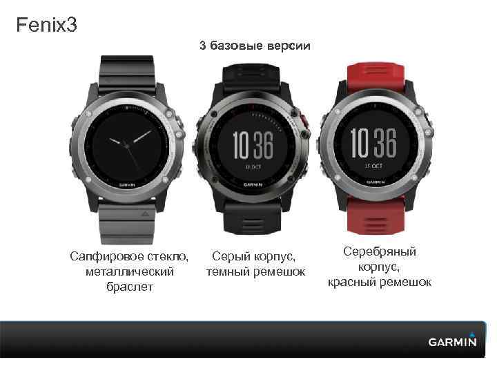 Fenix 3 3 базовые версии Сапфировое стекло, металлический браслет Серый корпус, темный ремешок Серебряный