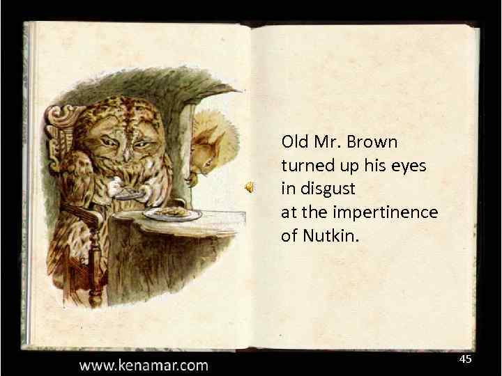 Old Mr. Brown turned up his eyes in disgust at the impertinence of Nutkin.